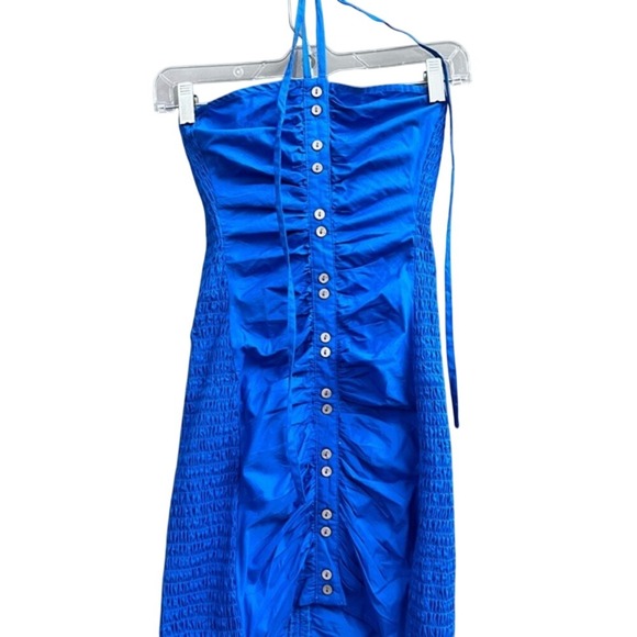 Free People Bali Babe Strapless Ruched Button Front NWT Mini Dress Blue XS - Picture 3 of 7